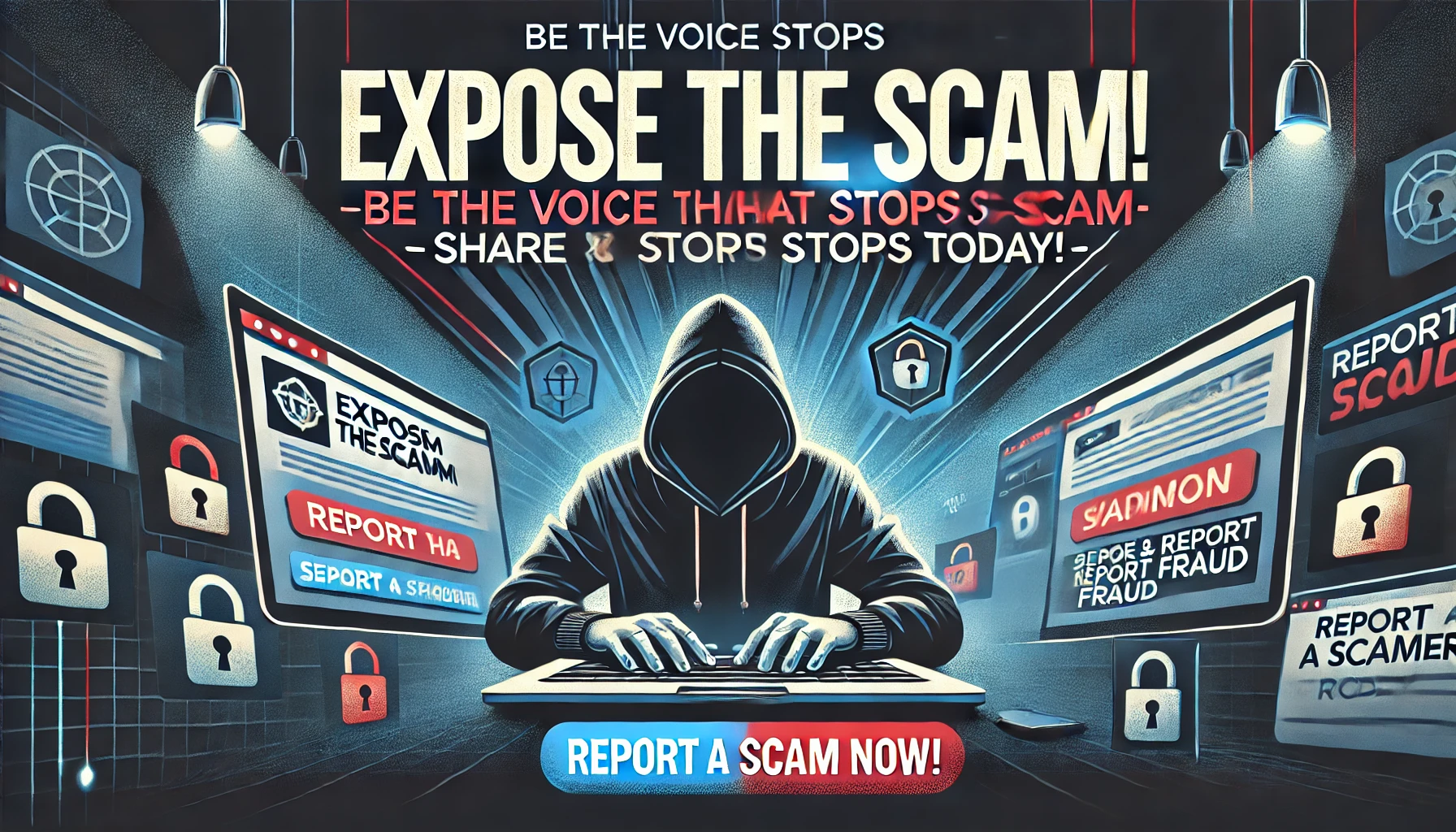 A bold and urgent banner promoting scam awareness. The banner displays 'Expose the Scam – Share & Report Fraud' with a background of digital fraud, cybersecurity warnings, and a call-to-action to report scams